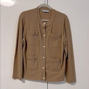 BAILEY Beige Textured Cardigan Pearl Button and Chain Detail, Size L